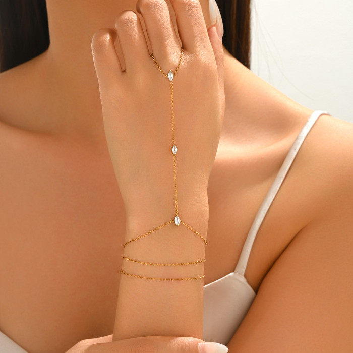 Wholesale Stainless Steel CZ Finger Ring Hand Chain