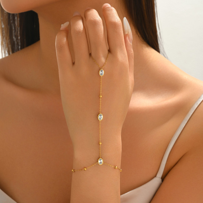 Wholesale Stainless Steel Oval CZ Ring Hand Chain