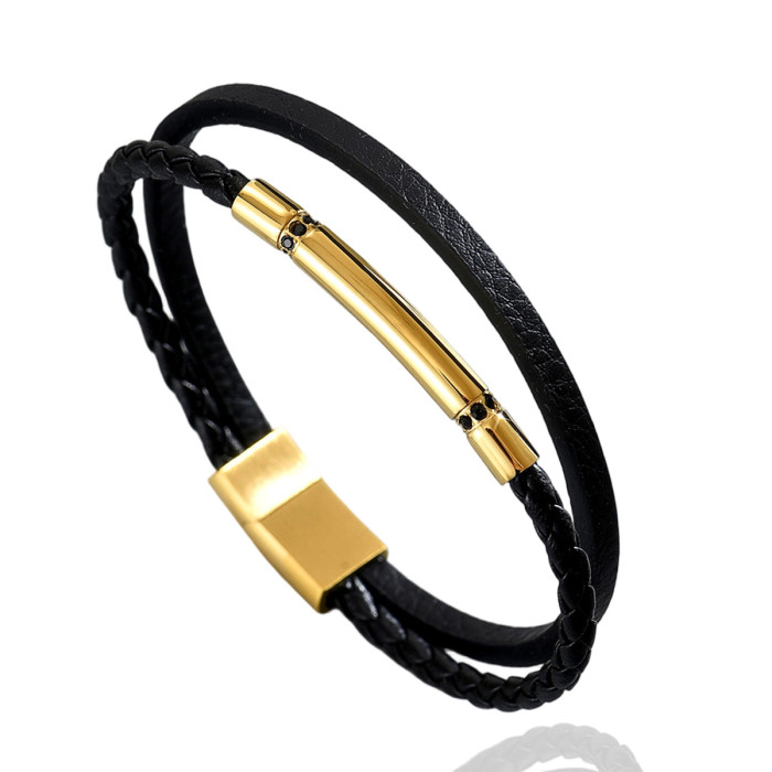 Wholesale Stainless Steel Tube Leather Bracelet