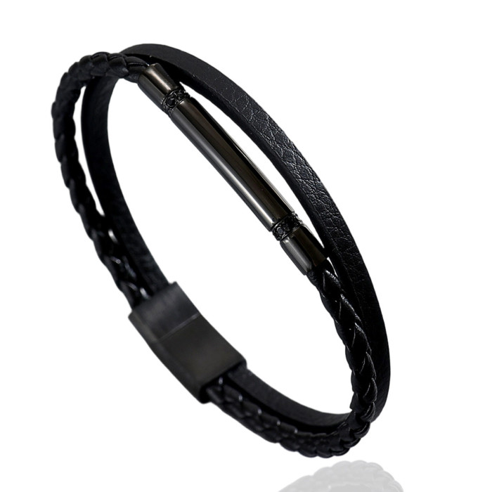 Wholesale Stainless Steel Tube Leather Bracelet