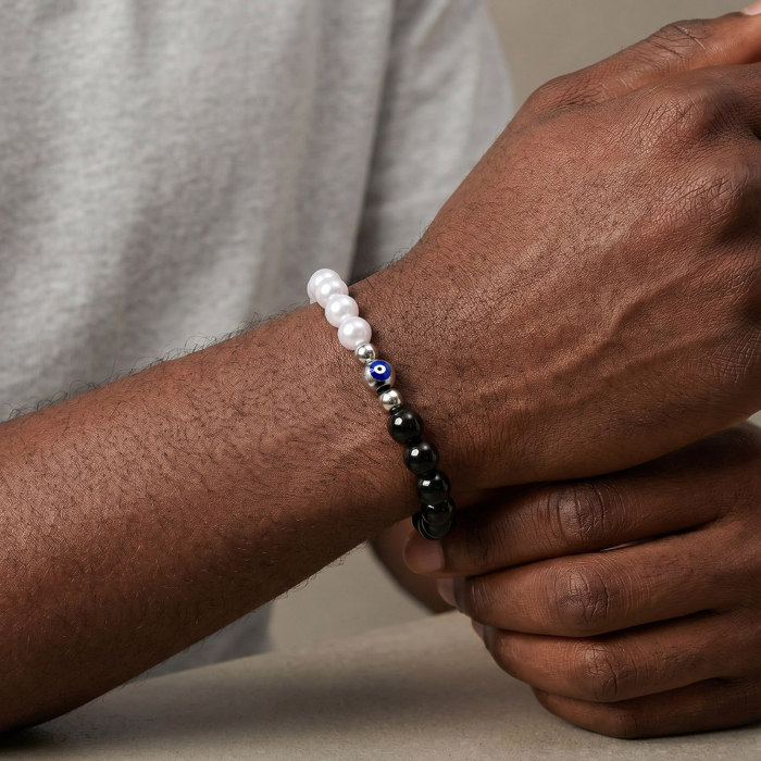 Wholesale Stainless Steel Pearl & Black Onyx Beaded Bracelets