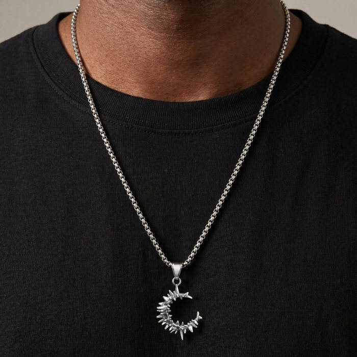 Wholesale Stainless Steel Thorn Crescent Moon Necklaces