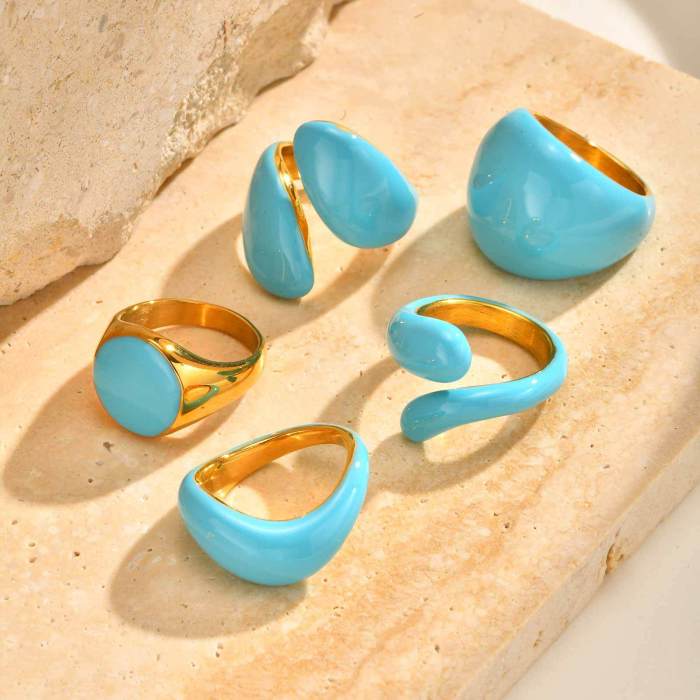 Wholesale Stainless Steel Blue Ocean Wave Drip Resin Ring