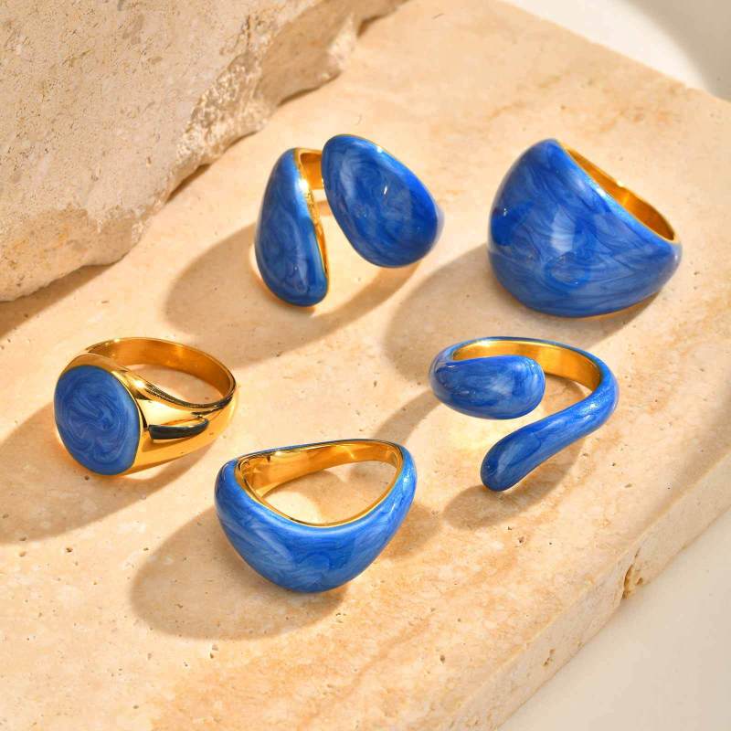 Wholesale Stainless Steel Blue Ocean Wave Drip Resin Ring
