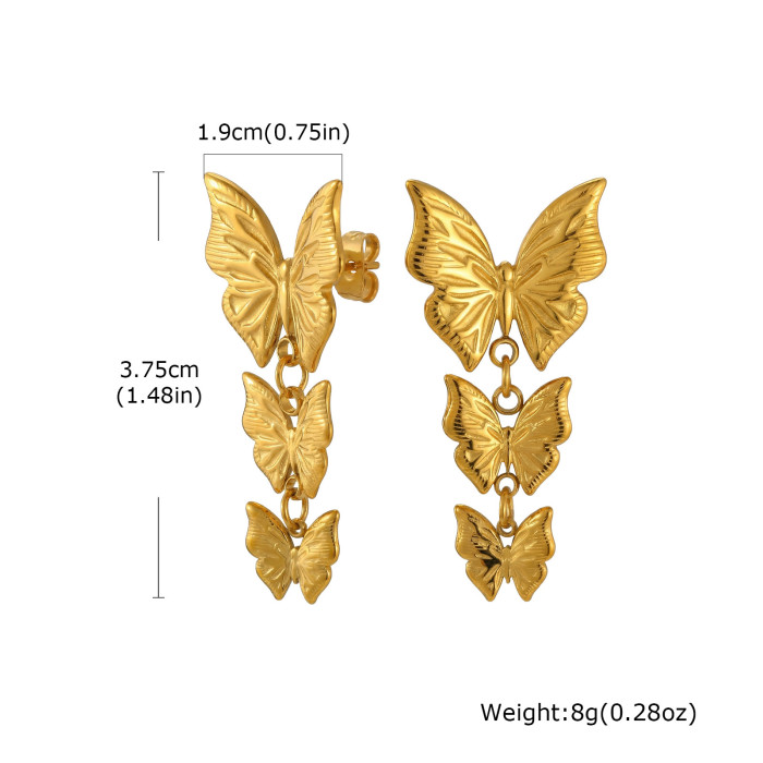 Wholesale 18K Gold Plated Triple Butterfly Dangle Earrings