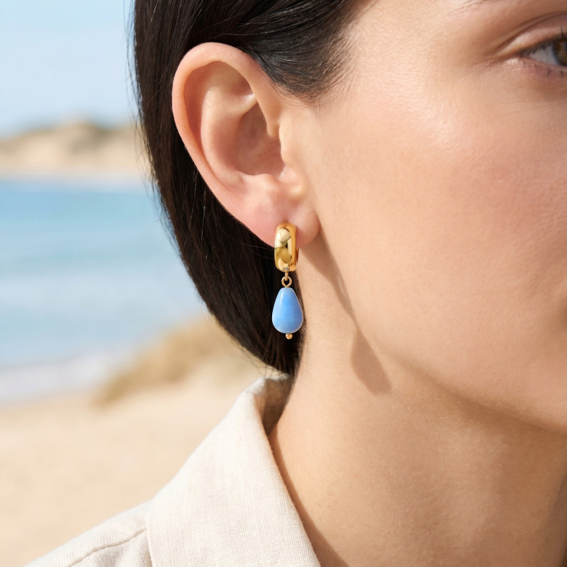 Wholesale Waterproof Stainless Steel Sky Blue Teardrop Drop Earrings