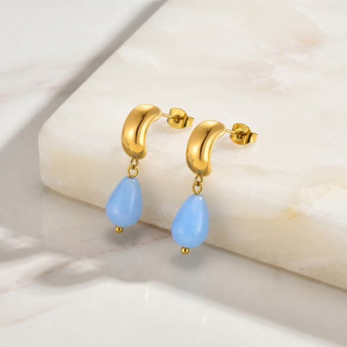 Wholesale Waterproof Stainless Steel Sky Blue Teardrop Drop Earrings