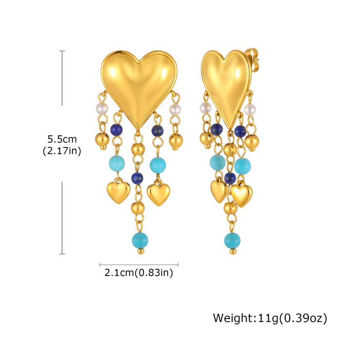 Wholesale 18K Gold Plated Heart & Turquoise Bead Tassel Earrings