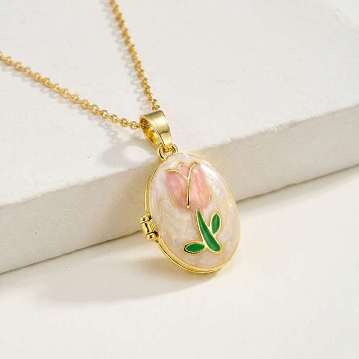 Wholesale Romantic Stainless Steel Tulip Flower Enamel Oval Locket Necklace