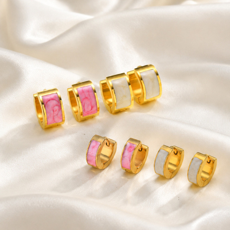 Bulk Chunky Gold Enamel Hoop Earrings Set in White & Pink