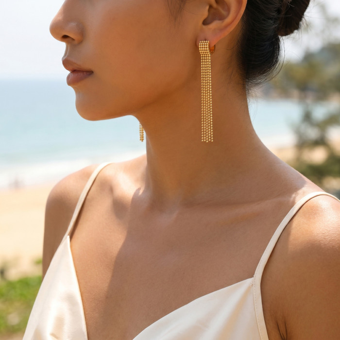 Wholesale Waterproof Stainless Steel Multi-Strand Bead Tassel Earrings