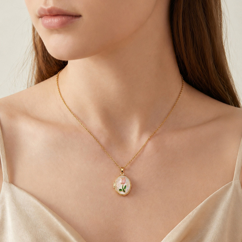 Wholesale Romantic Stainless Steel Tulip Flower Enamel Oval Locket Necklace