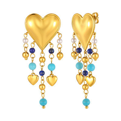 Wholesale 18K Gold Plated Heart & Turquoise Bead Tassel Earrings