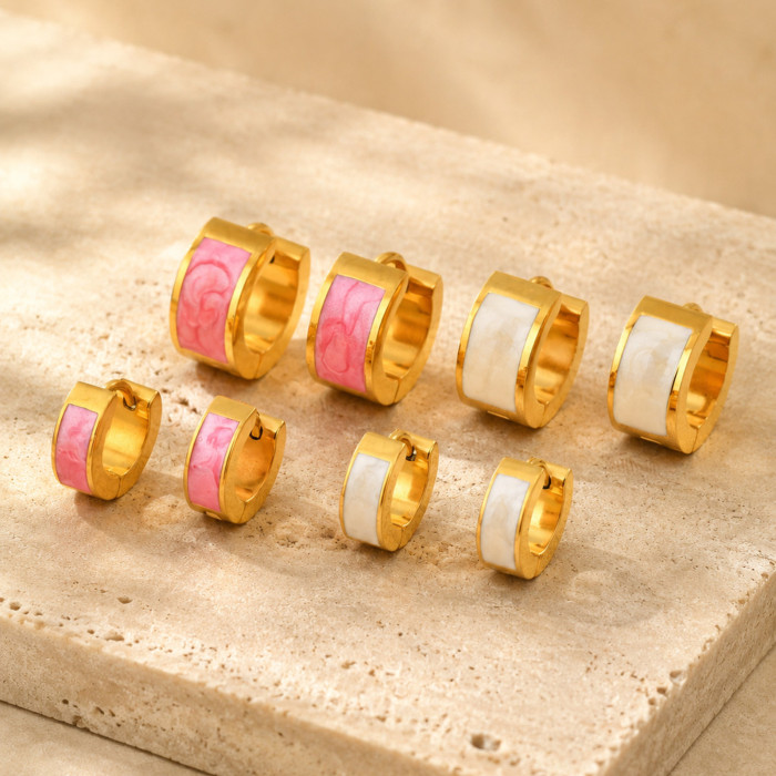 Bulk Chunky Gold Enamel Hoop Earrings Set in White & Pink