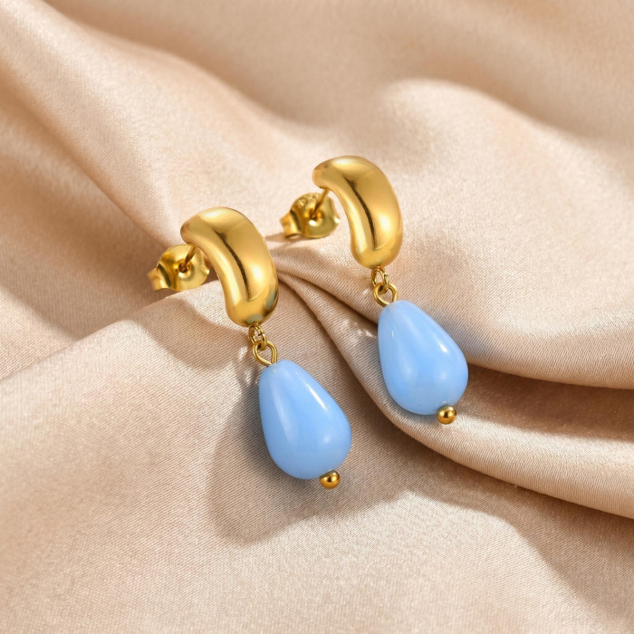 Wholesale Waterproof Stainless Steel Sky Blue Teardrop Drop Earrings