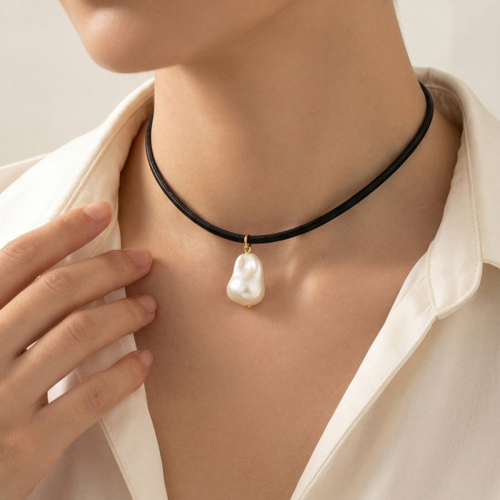 Wholesale Minimalist Black Cord Pearl Choker Necklace