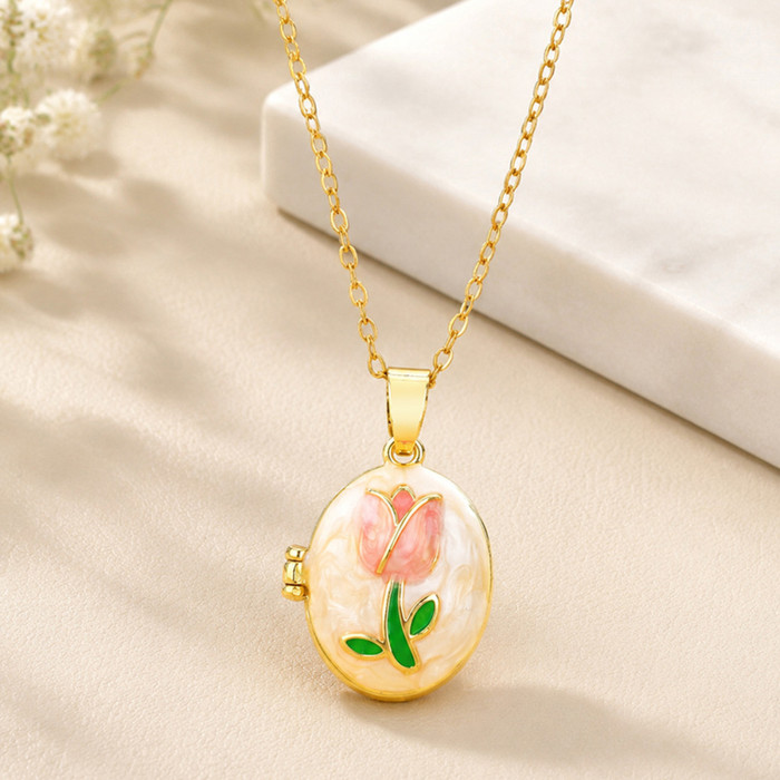 Wholesale Romantic Stainless Steel Tulip Flower Enamel Oval Locket Necklace