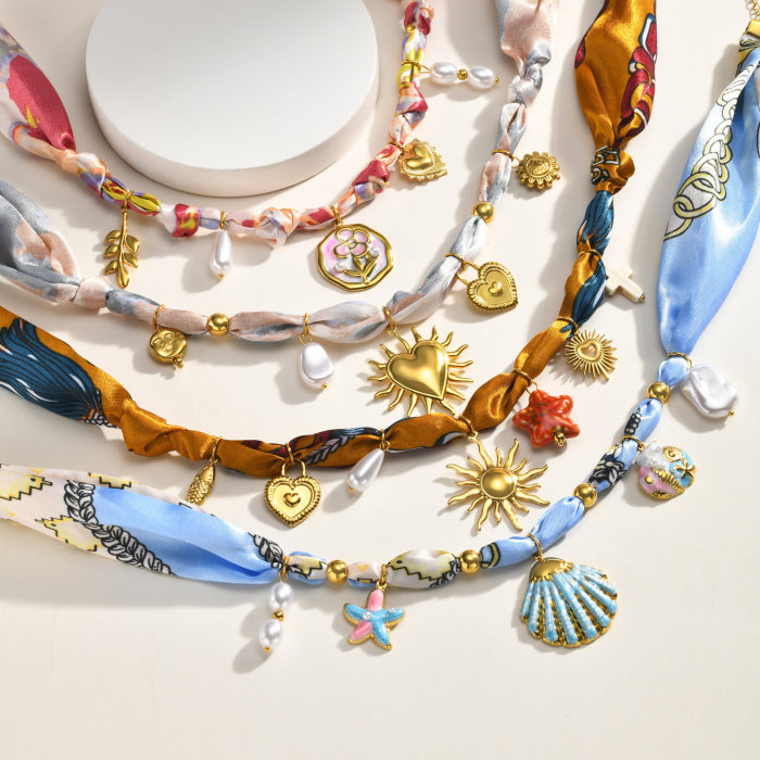 Wholesale Vintage Silk Scarf Statement Choker with Celestial Charms