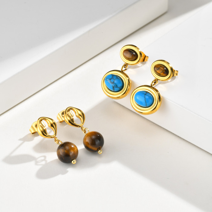 Wholesale Waterproof Stainless Steel Natural Gemstone Drop Earrings