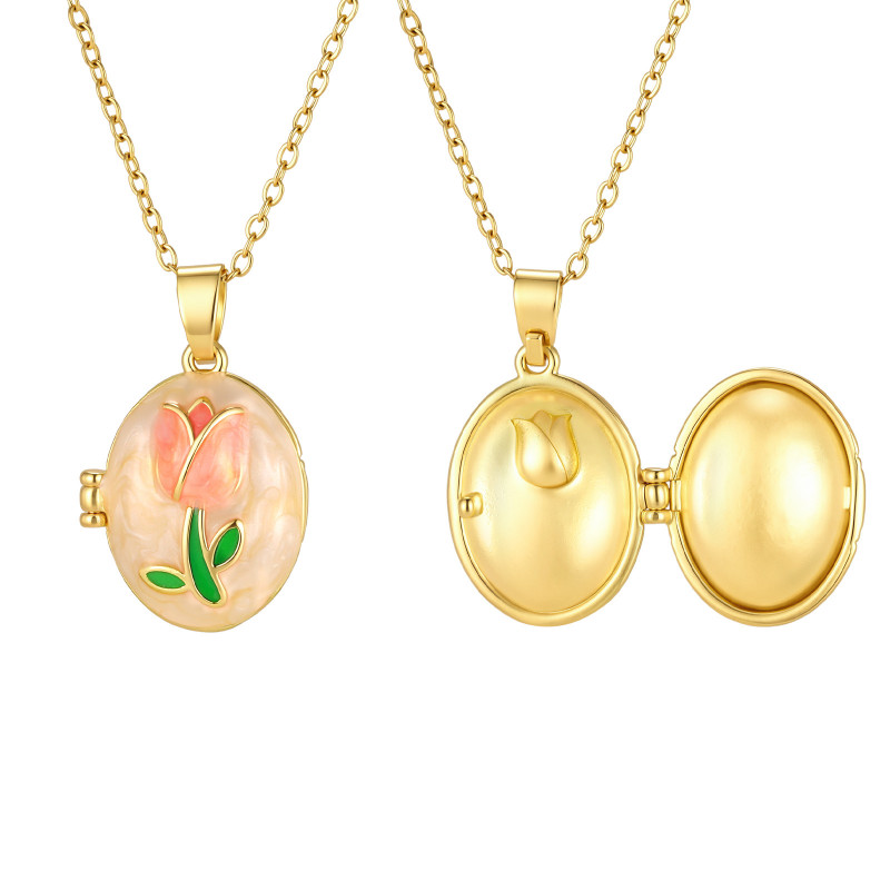 Wholesale Romantic Stainless Steel Tulip Flower Enamel Oval Locket Necklace
