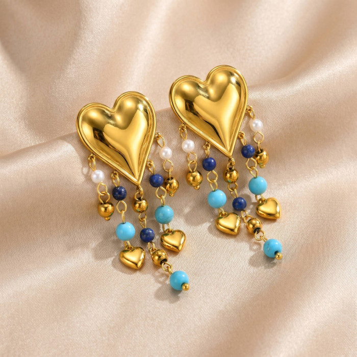 Wholesale 18K Gold Plated Heart & Turquoise Bead Tassel Earrings