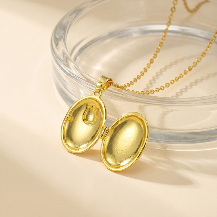 Wholesale Romantic Stainless Steel Tulip Flower Enamel Oval Locket Necklace