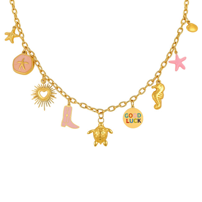 Wholesale Stainless Steel Multi-Charm Ocean & Cowboy Boot Necklace