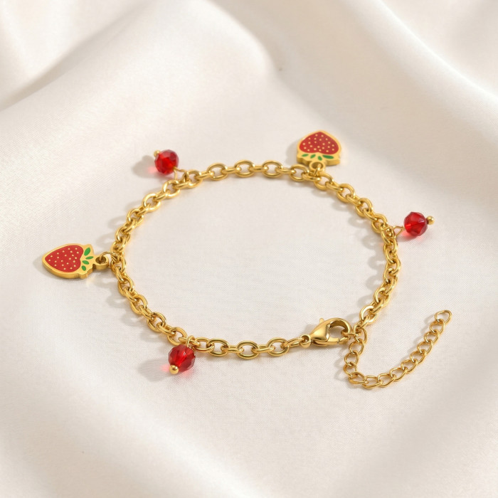 Wholesale 18K Gold Plated Strawberry & Red Bead Charm Anklet