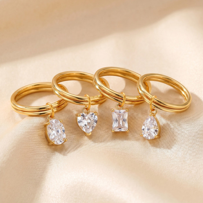 Wholesale Trendy Dangle CZ Charm Double Band Stacking Ring Set