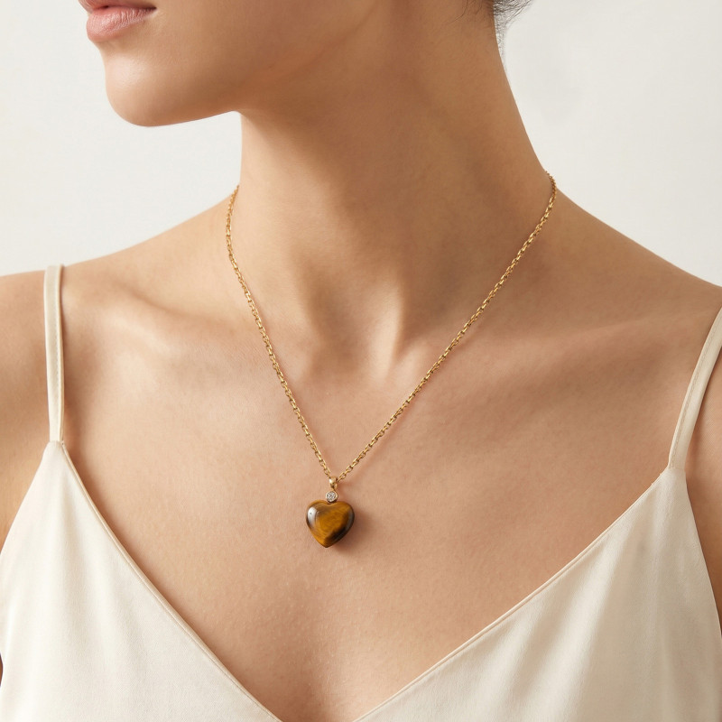Wholesale Waterproof Stainless Steel Natural Tiger Eye Heart Necklace