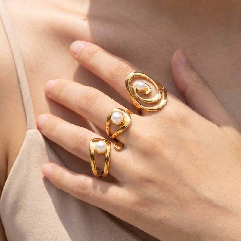Wholesale Modern Chic Pearl Accent Irregular Swirl Open Ring Set