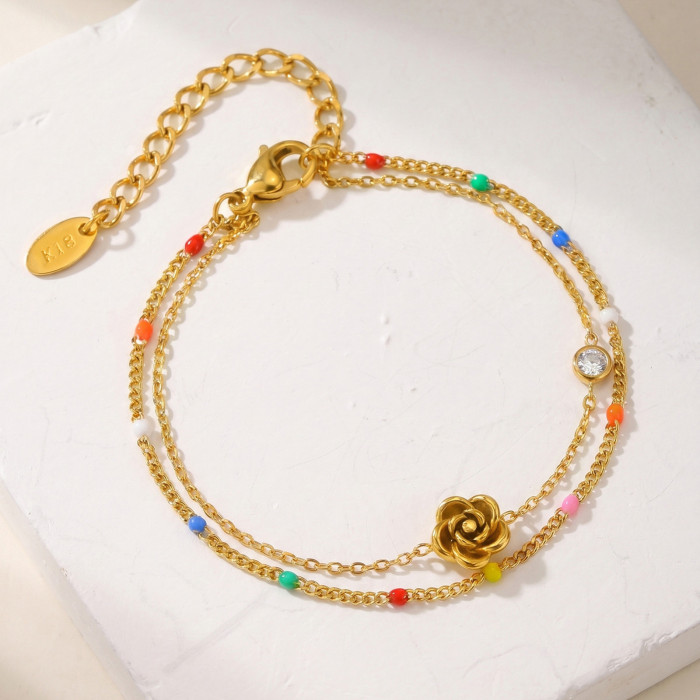 Bulk Double Layer Gold Rose Flower Bracelet with Colorful Enamel Beads & CZ