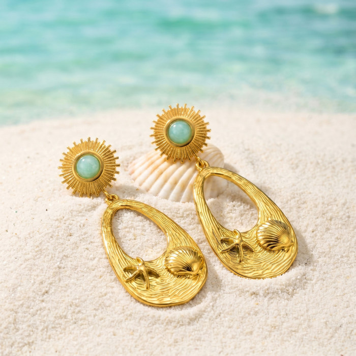 Wholesale Stainless Steel Sunburst & Seashell Drop Earrings