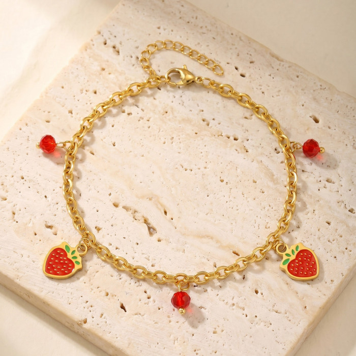 Wholesale 18K Gold Plated Strawberry & Red Bead Charm Anklet