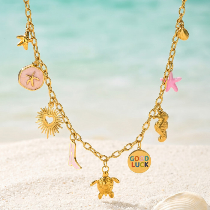 Wholesale Stainless Steel Multi-Charm Ocean & Cowboy Boot Necklace