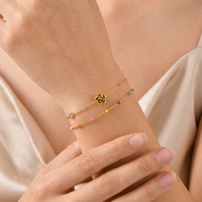 Bulk Double Layer Gold Rose Flower Bracelet with Colorful Enamel Beads & CZ