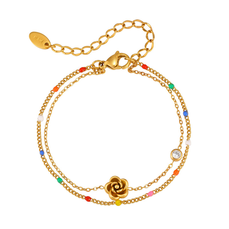 Bulk Double Layer Gold Rose Flower Bracelet with Colorful Enamel Beads & CZ