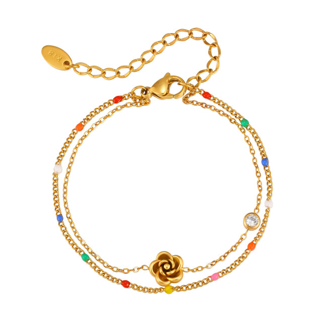 Bulk Double Layer Gold Rose Flower Bracelet with Colorful Enamel Beads & CZ