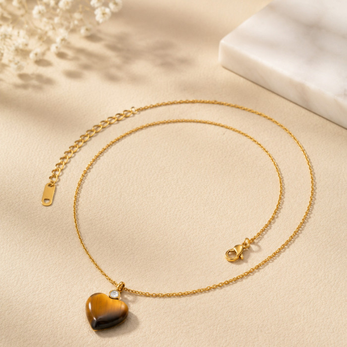 Wholesale Waterproof Stainless Steel Natural Tiger Eye Heart Necklace