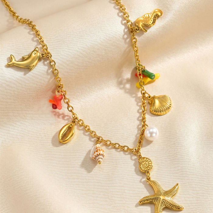 Wholesale Boho Summer Beach Multi-Charm Ocean Life Statement Necklace
