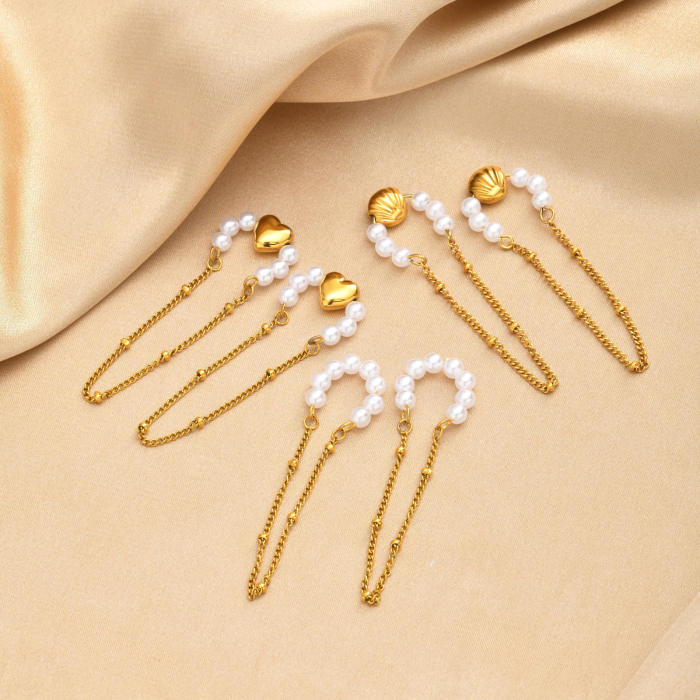 Wholesale Trendy Boho Summer Seashell Pearl Bead Ear Cuff with Drop Chain