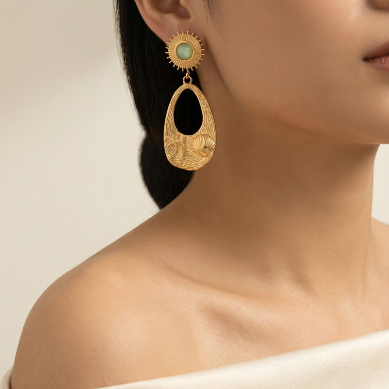 Wholesale Stainless Steel Sunburst & Seashell Drop Earrings