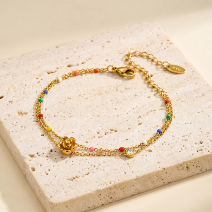 Bulk Double Layer Gold Rose Flower Bracelet with Colorful Enamel Beads & CZ