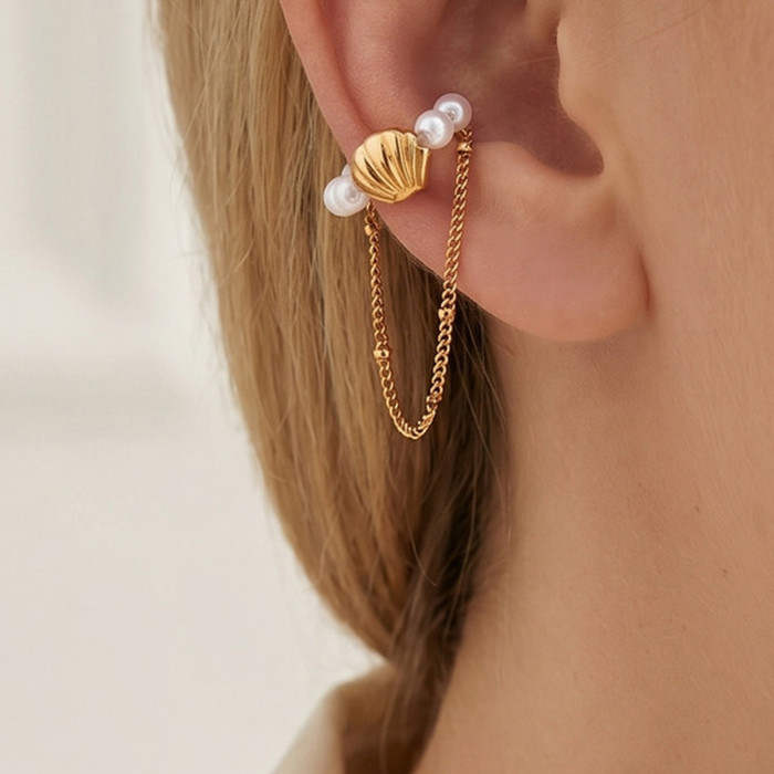 Wholesale Trendy Boho Summer Seashell Pearl Bead Ear Cuff with Drop Chain