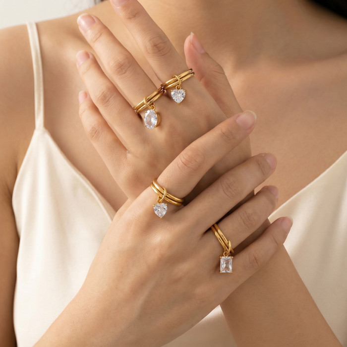 Wholesale Trendy Dangle CZ Charm Double Band Stacking Ring Set