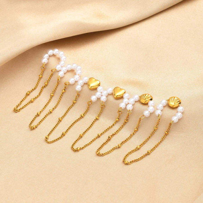 Wholesale Trendy Boho Summer Seashell Pearl Bead Ear Cuff with Drop Chain