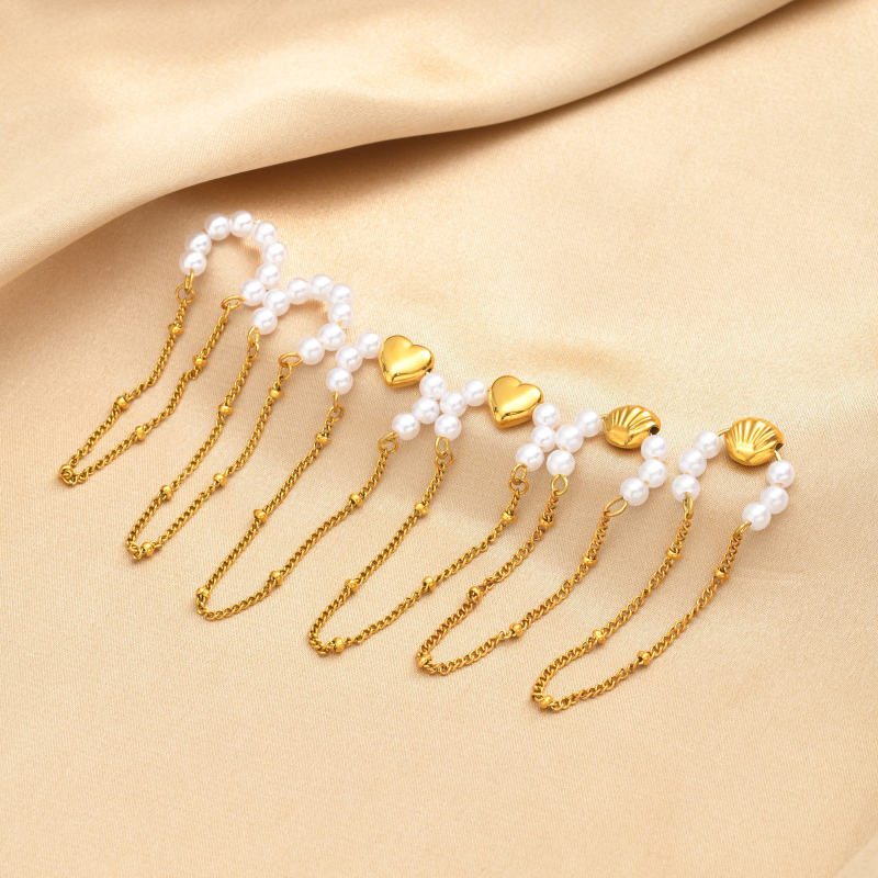 Wholesale Trendy Boho Summer Seashell Pearl Bead Ear Cuff with Drop Chain