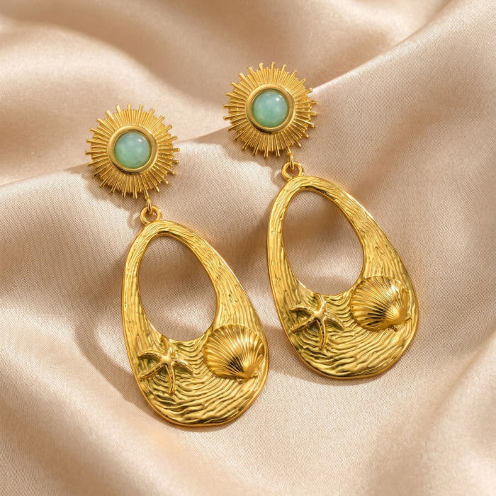 Wholesale Stainless Steel Sunburst & Seashell Drop Earrings