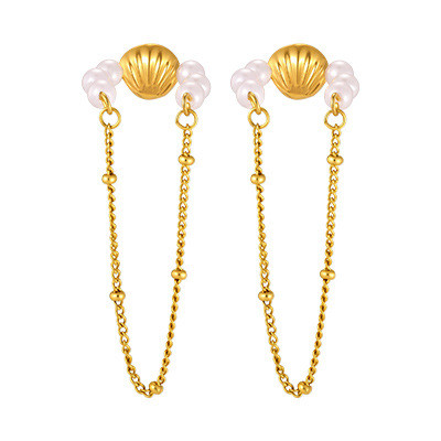 Wholesale Trendy Boho Summer Seashell Pearl Bead Ear Cuff with Drop Chain
