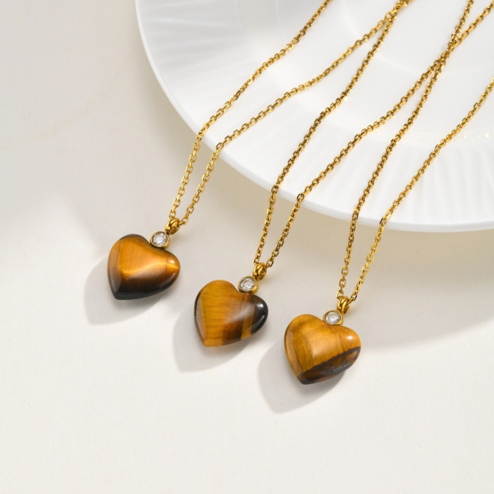 Wholesale Waterproof Stainless Steel Natural Tiger Eye Heart Necklace